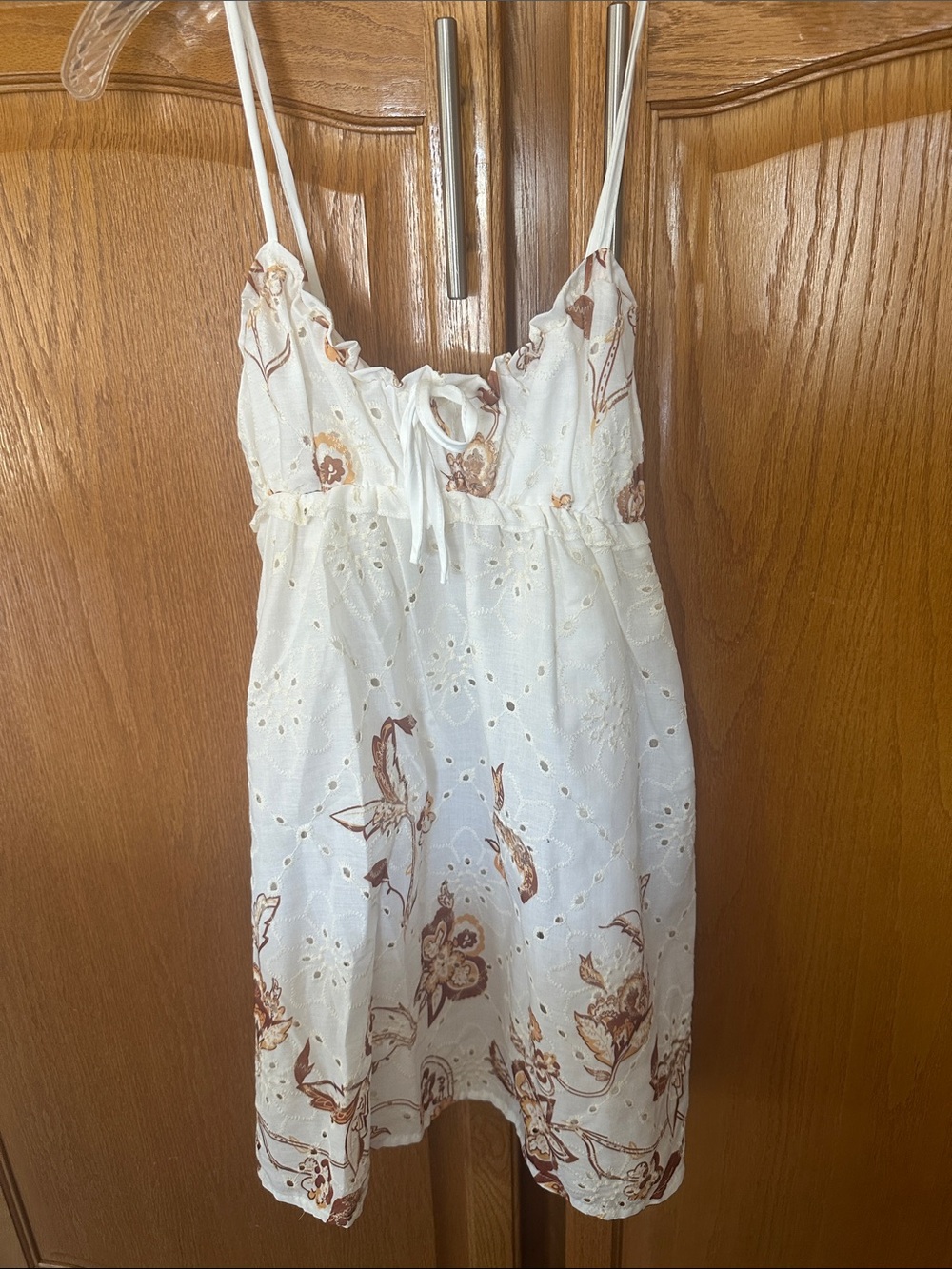 White Eyelet Floral Spaghetti Strap Sundress with Brown Print